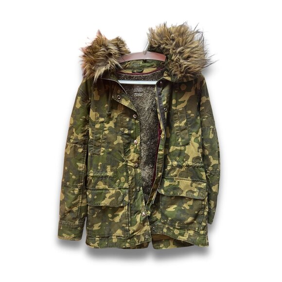 Gap XS Camo Faux Fur Trim Parka Jacket With Leopard Print Lining - Picture 2 of 5